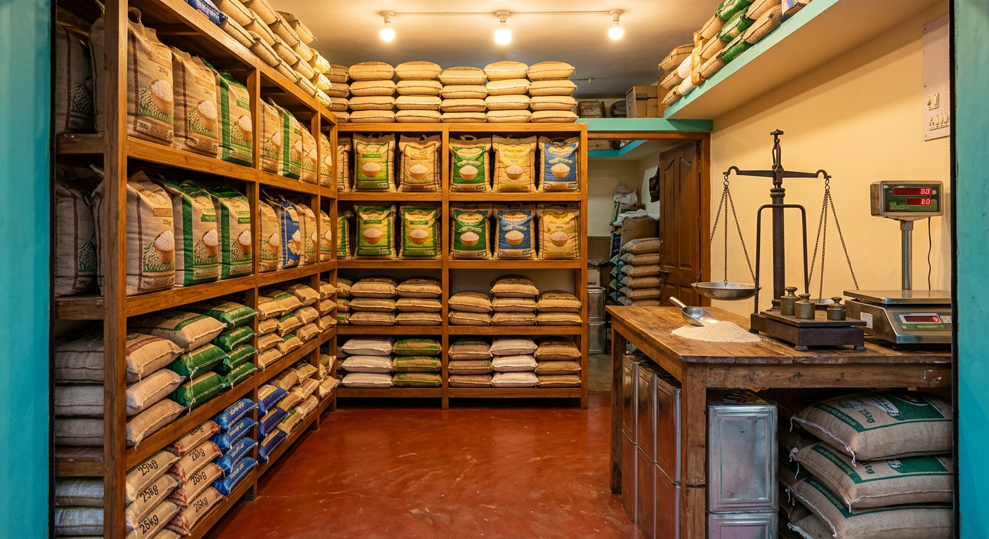 Neatly stacked rice bags inside the Lakshmi Rice Dealer shop
